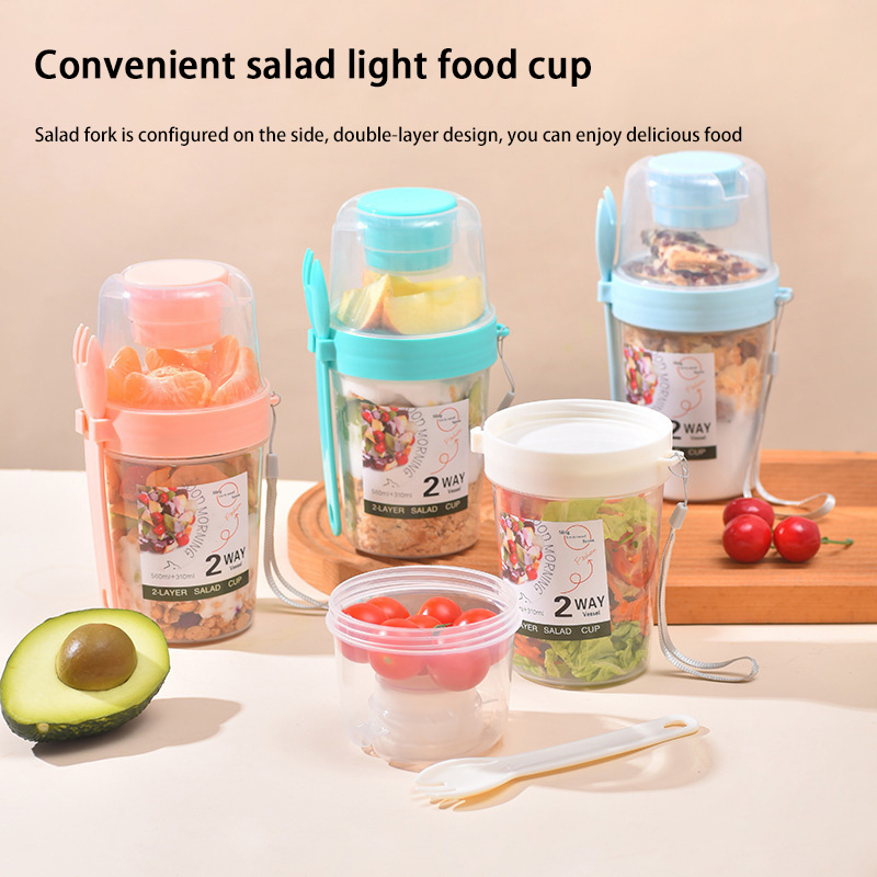 Meal Prep Oatmeal Jars - Draagbare ontbijtsaladebeker met deksel en vork,